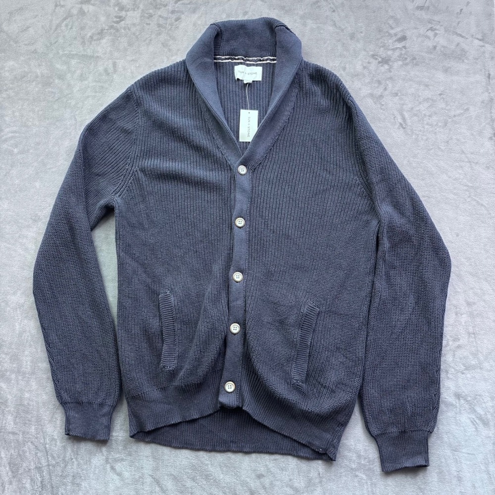 Sun + Stone Mens XXL Navy Blue Shawl Collar Button Front Cardigan Sweater New